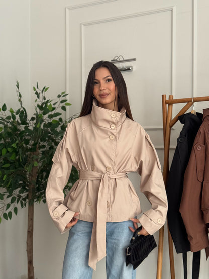 Cove Kuşaklı Astarlı Dik Yaka Bej Trençkot