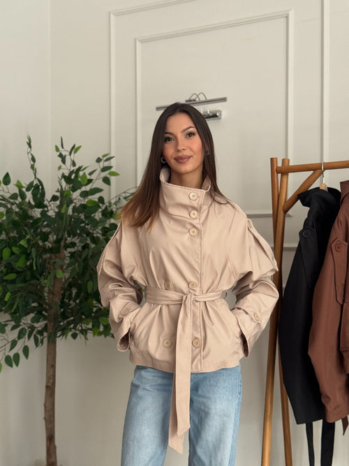 Cove Kuşaklı Astarlı Dik Yaka Bej Trençkot