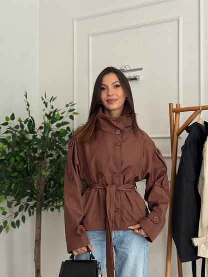 Cove Kuşaklı Astarlı Dik Yaka Kahverengi Trençkot