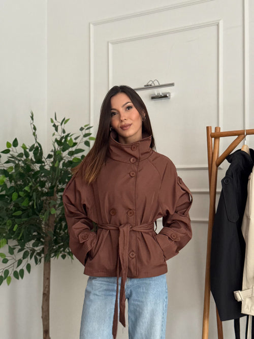 Cove Kuşaklı Astarlı Dik Yaka Kahverengi Trençkot