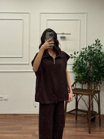 Lumi Yelek Pantolon Taşlı Kahverengi Takım
