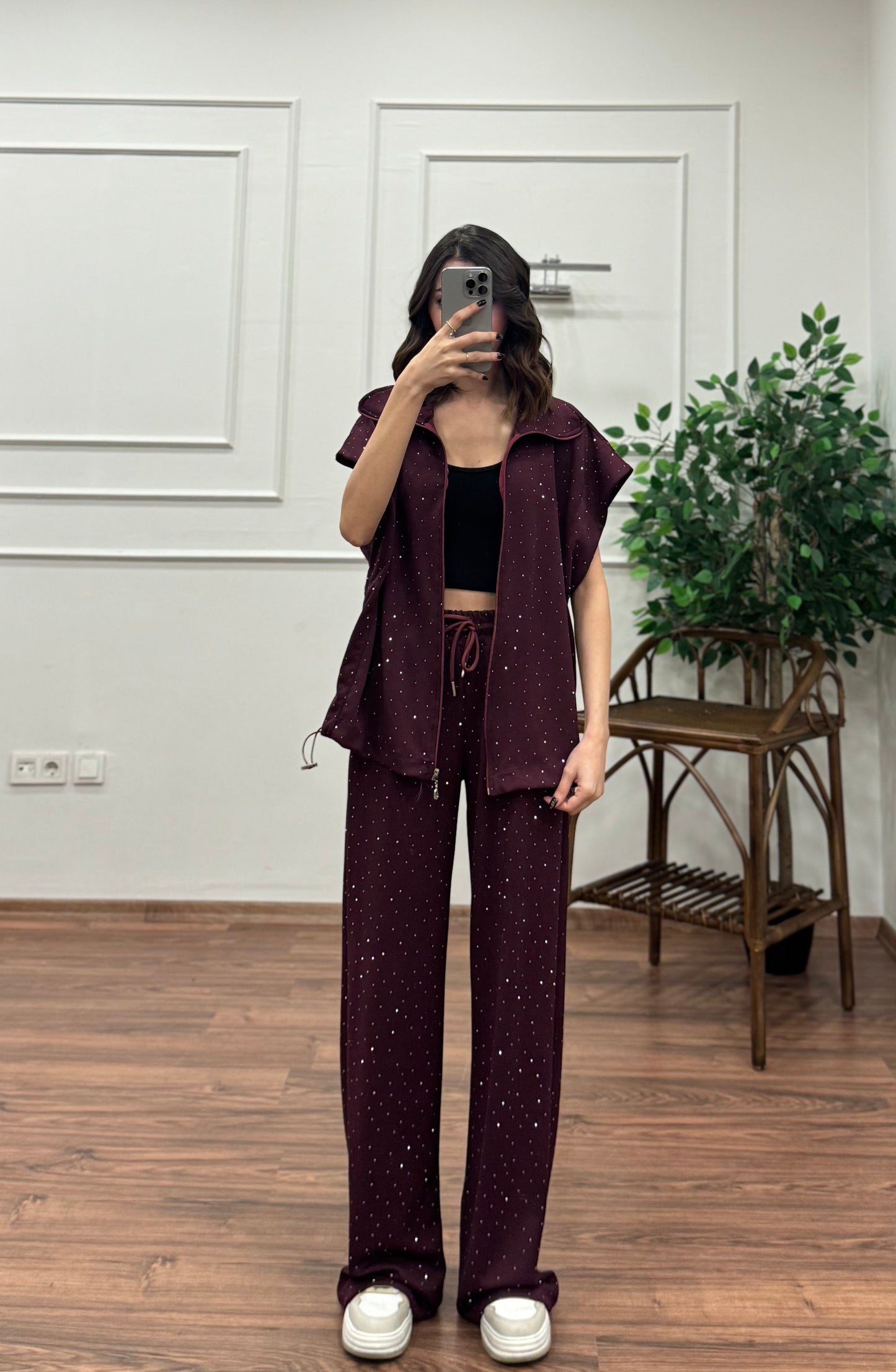 Lumi Yelek Pantolon Taşlı Bordo Takım