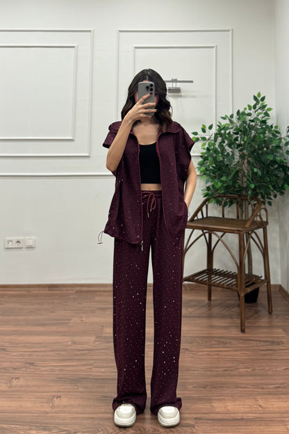 Lumi Yelek Pantolon Taşlı Bordo Takım