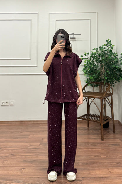 Lumi Yelek Pantolon Taşlı Bordo Takım