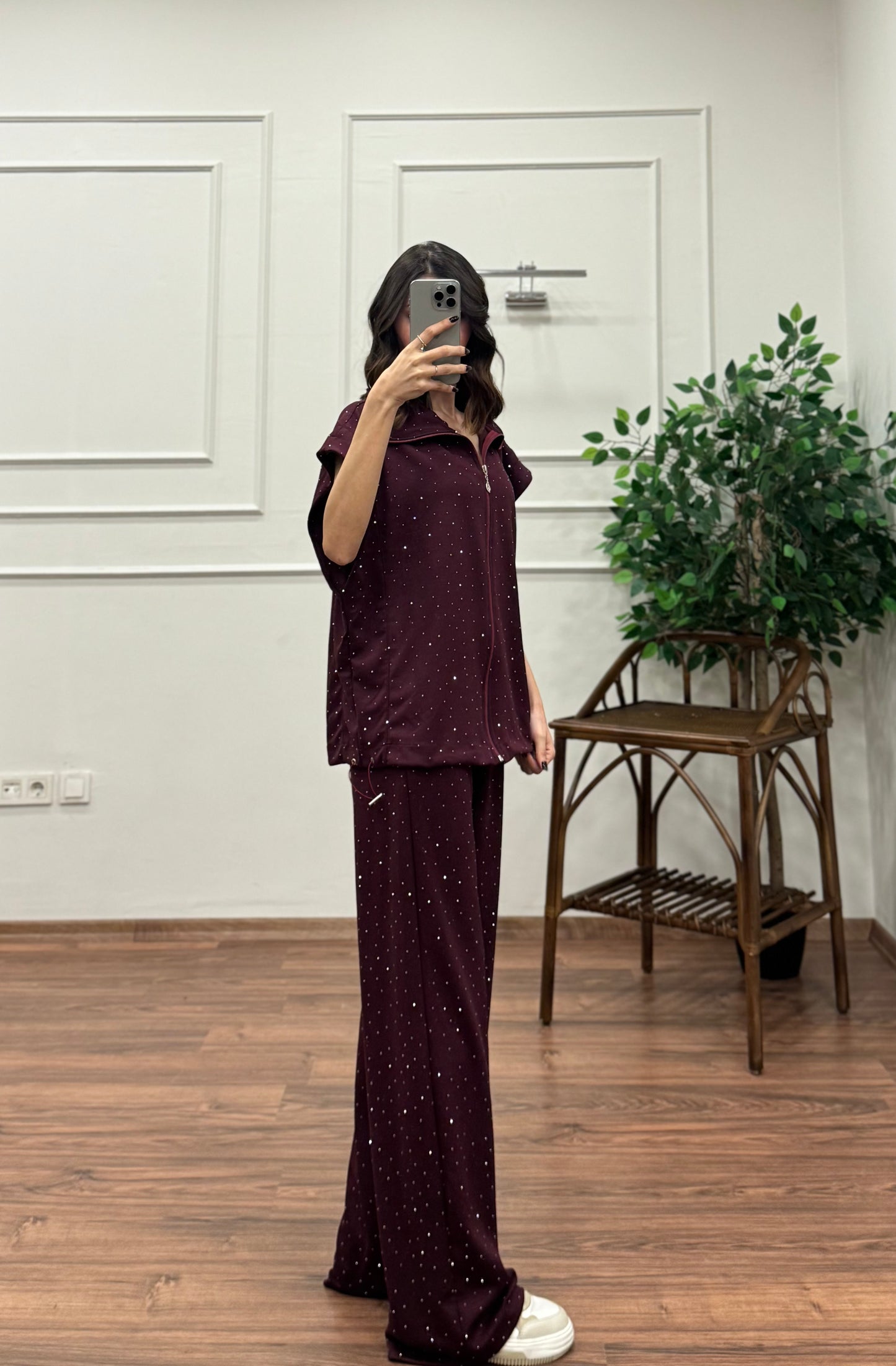 Lumi Yelek Pantolon Taşlı Bordo Takım