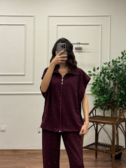 Lumi Yelek Pantolon Taşlı Bordo Takım