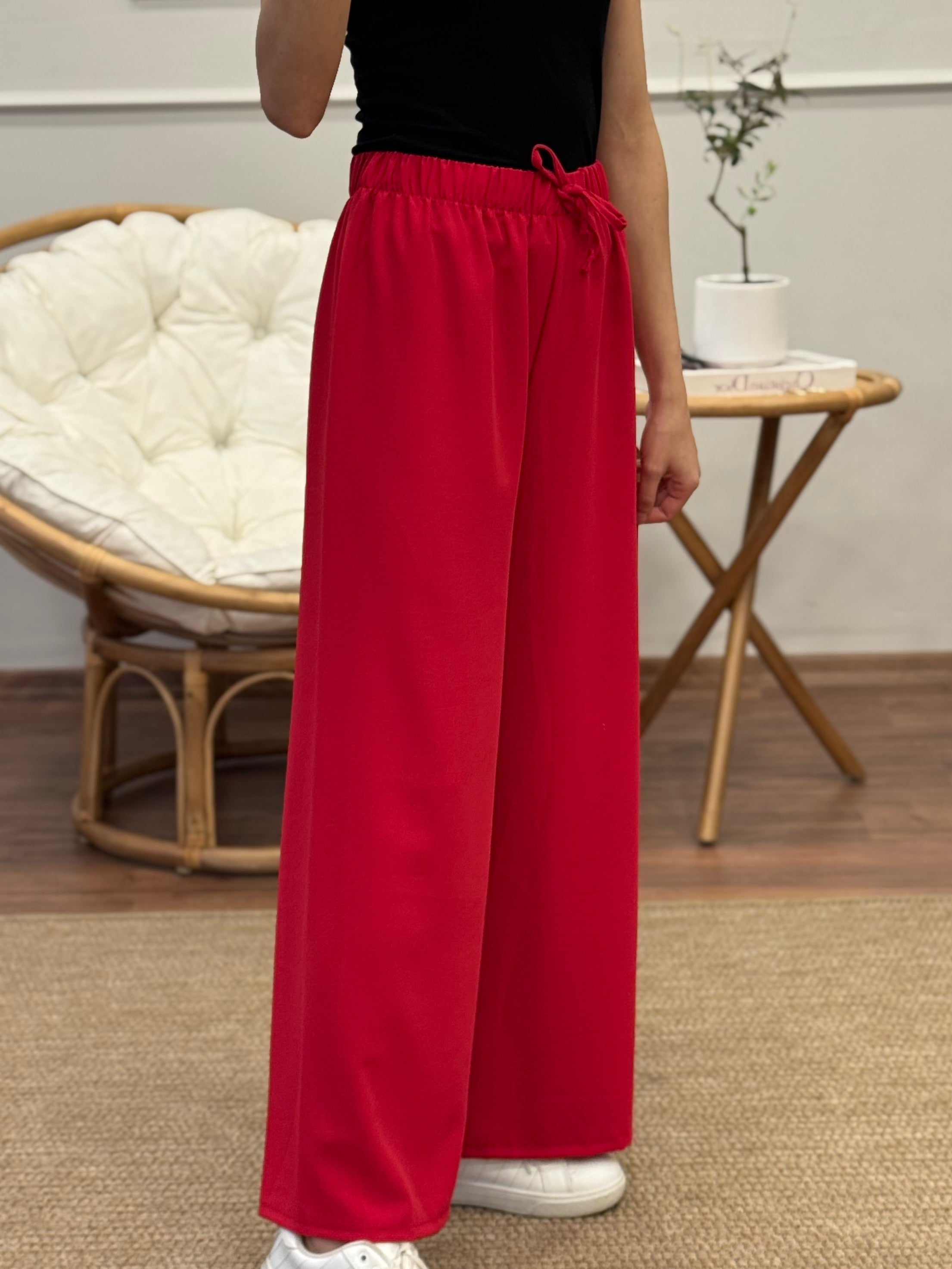 Tensel Kumaş Geniş Kesim Kırmızı Pantolon