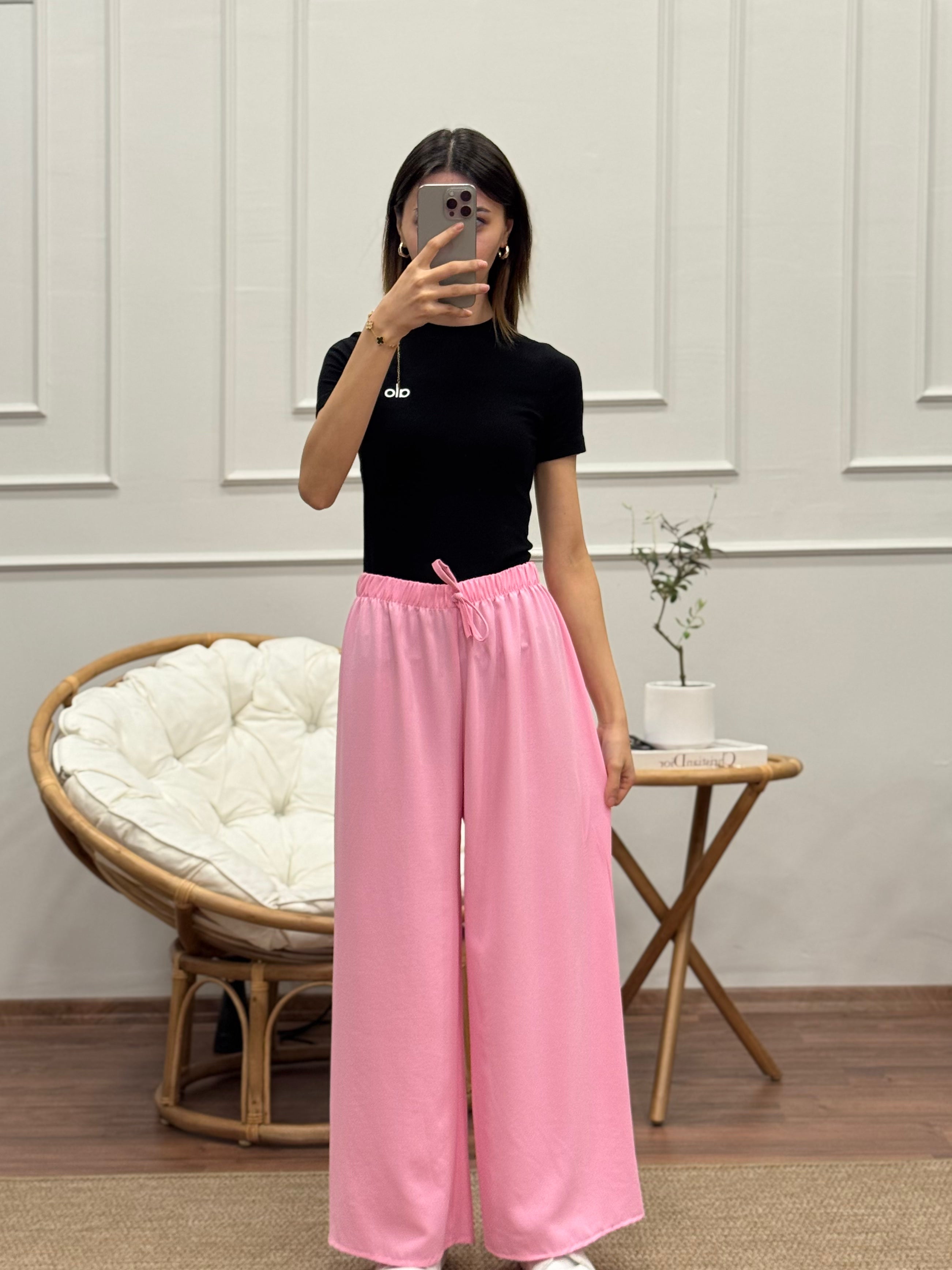 Tensel Kumaş Geniş Kesim Toz Pembe Pantolon