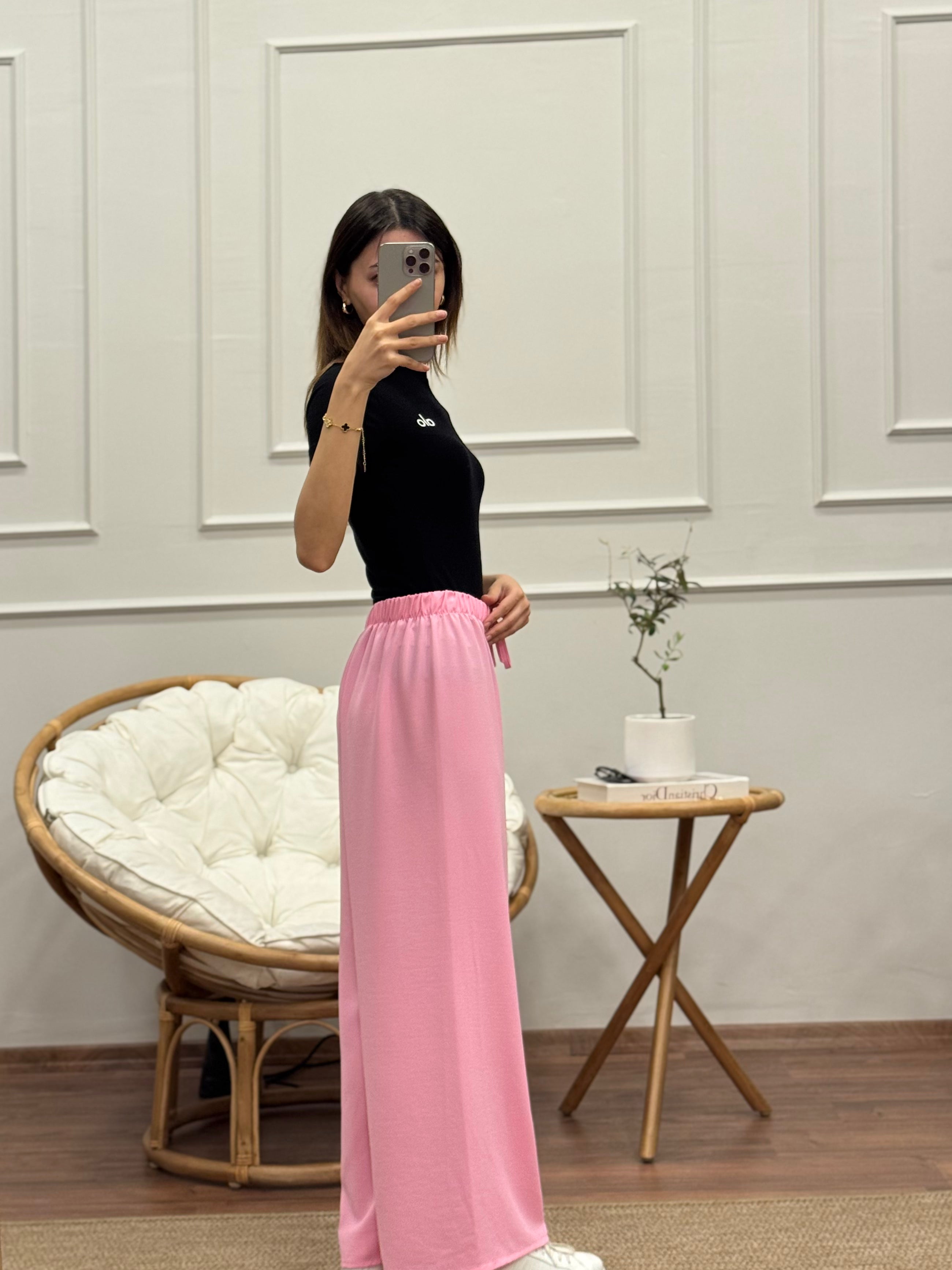 Tensel Kumaş Geniş Kesim Toz Pembe Pantolon