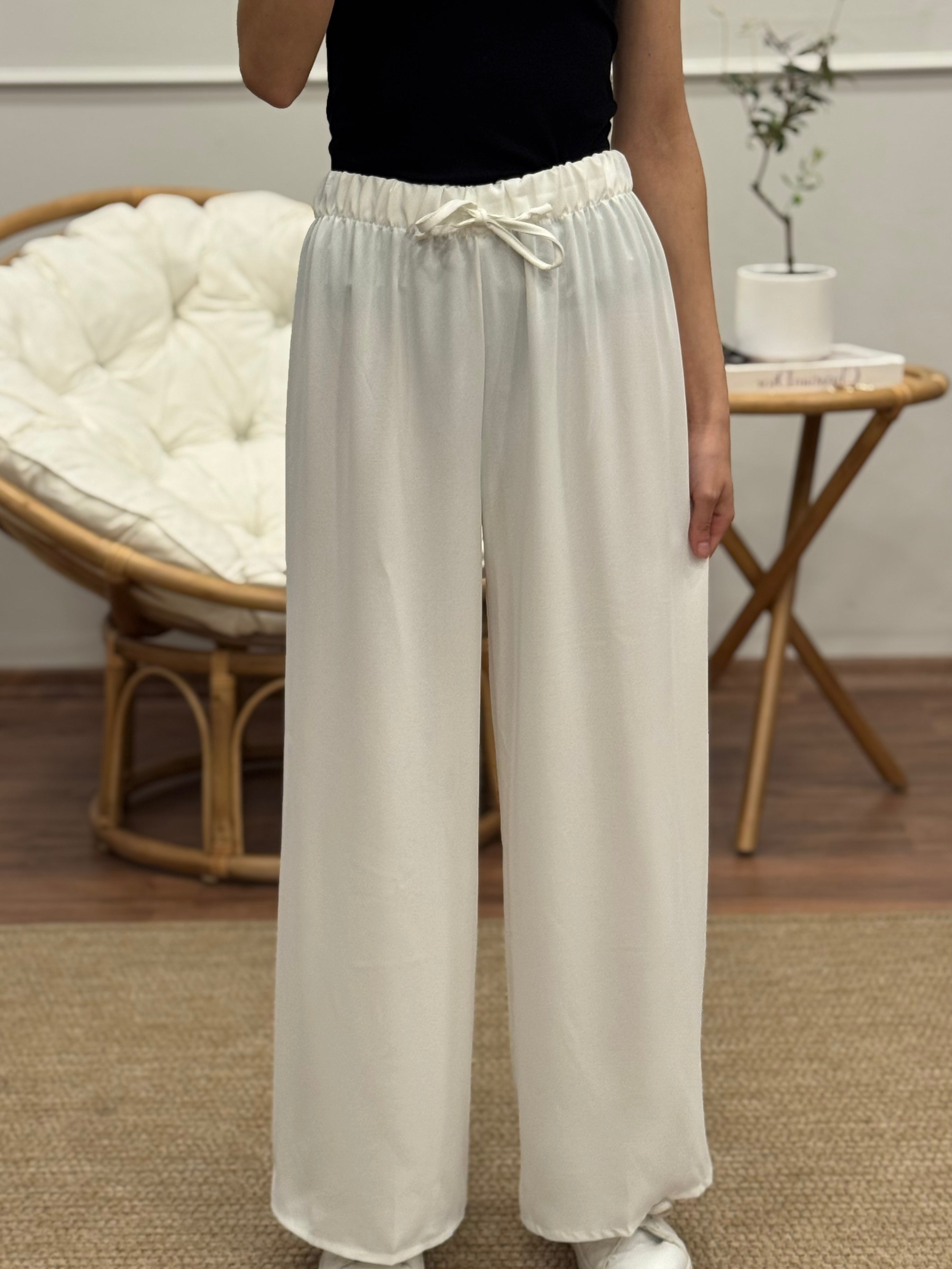Tensel Kumaş Geniş Kesim Beyaz Pantolon