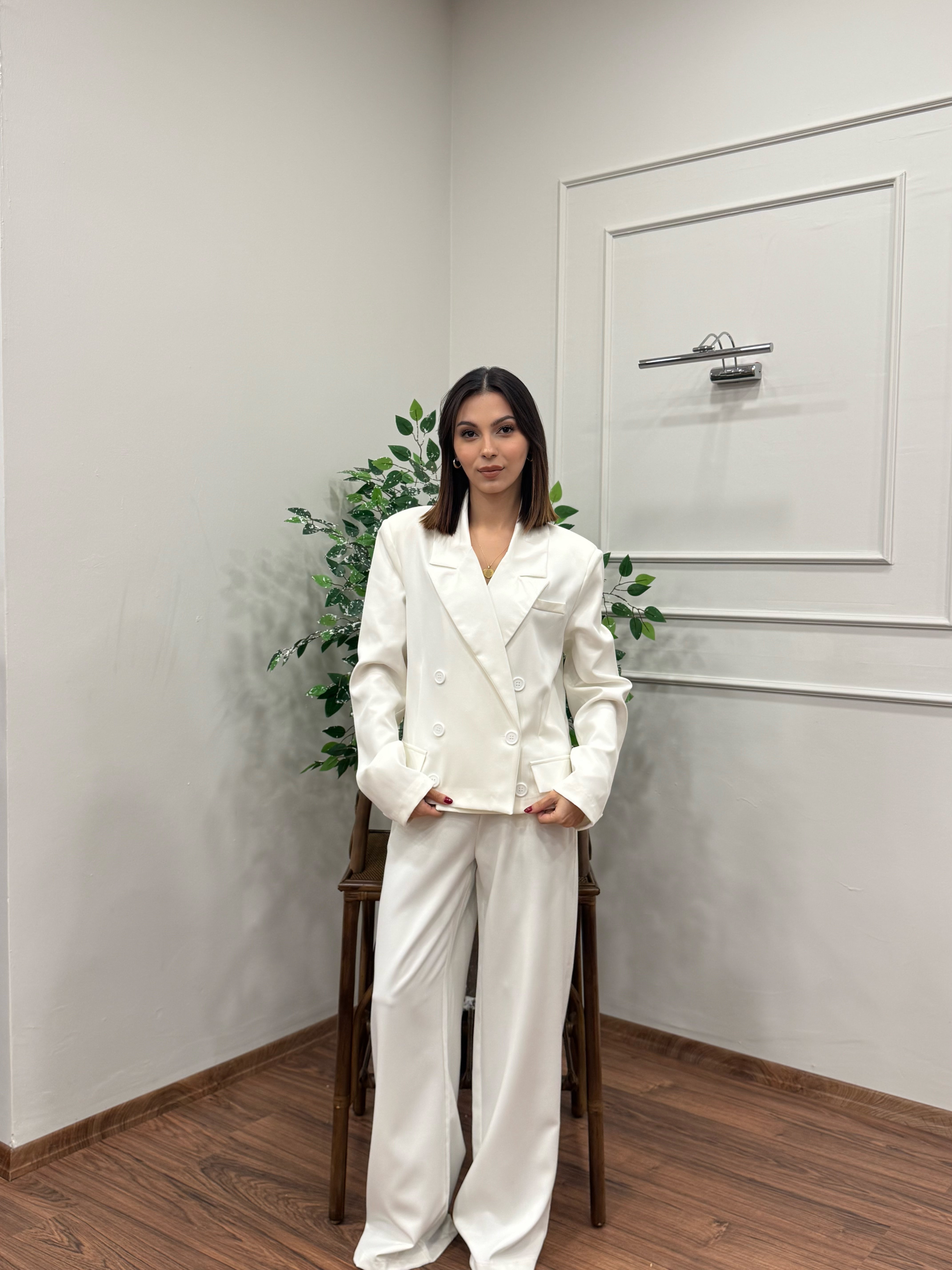 Calista Blazer Ceket Pantolon Beyaz Takım