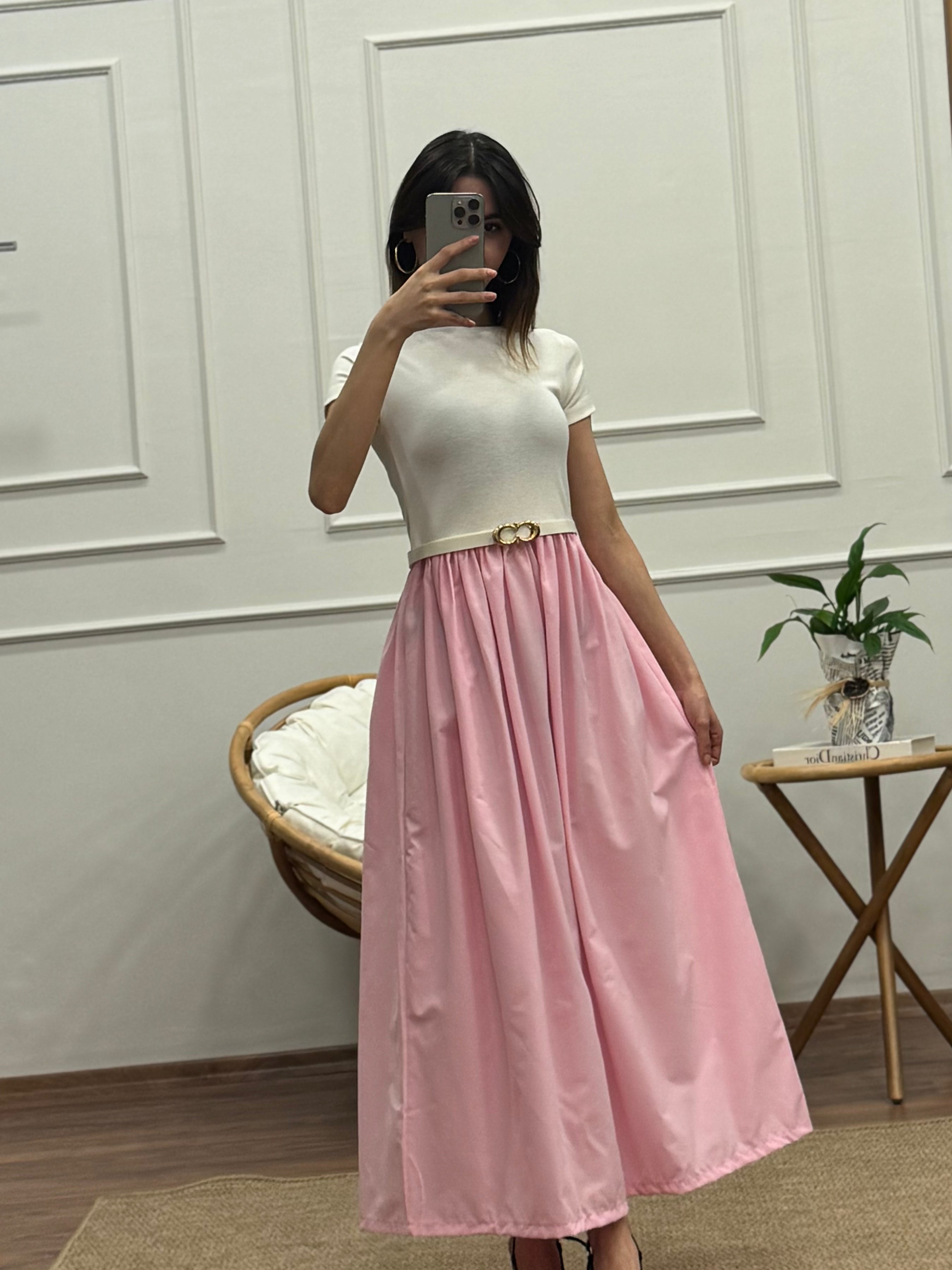 Diana Kloş Kemerli Toz Pembe Elbise