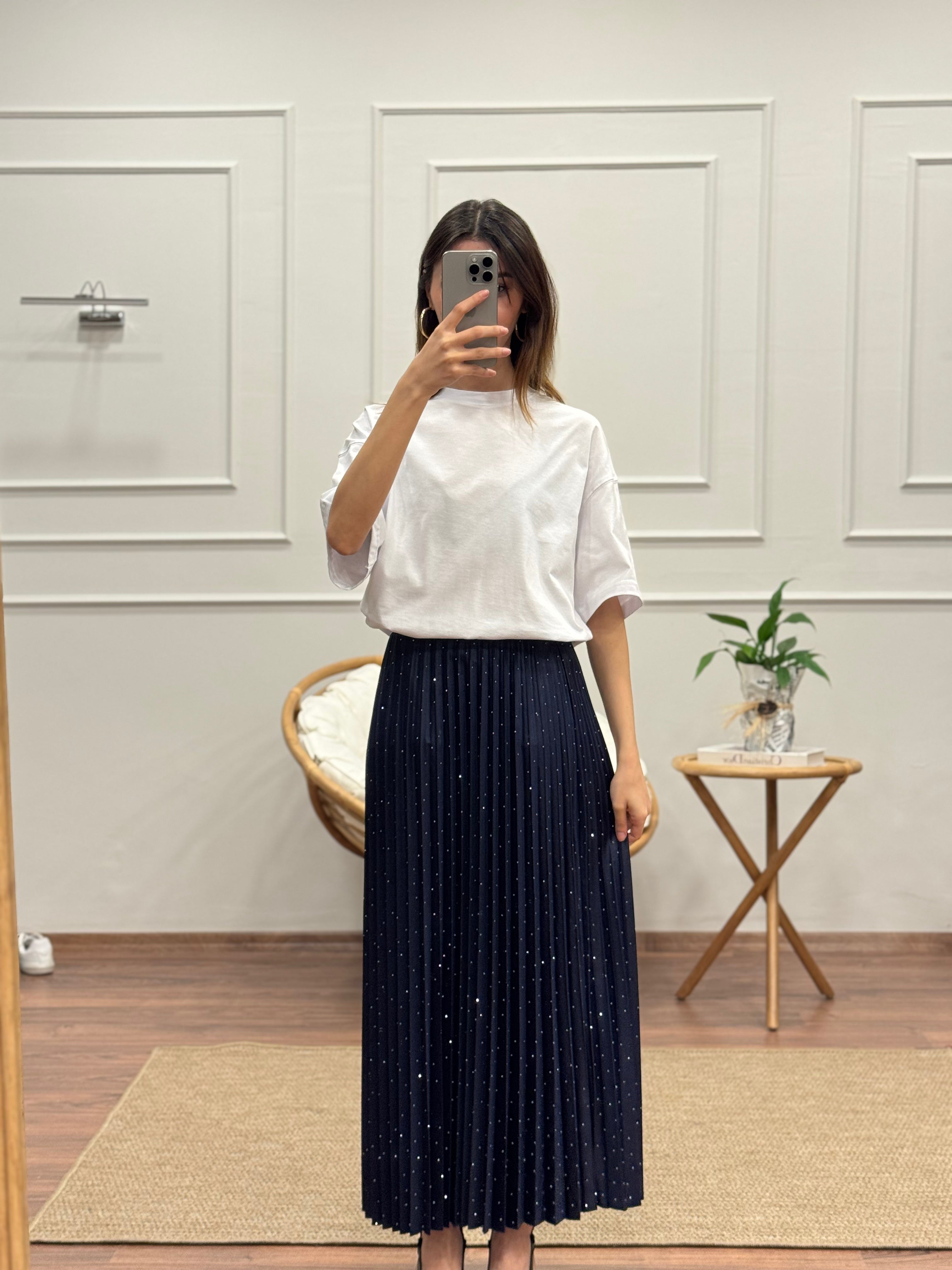 Pileli Taş Baskı Uzun Lacivert Etek