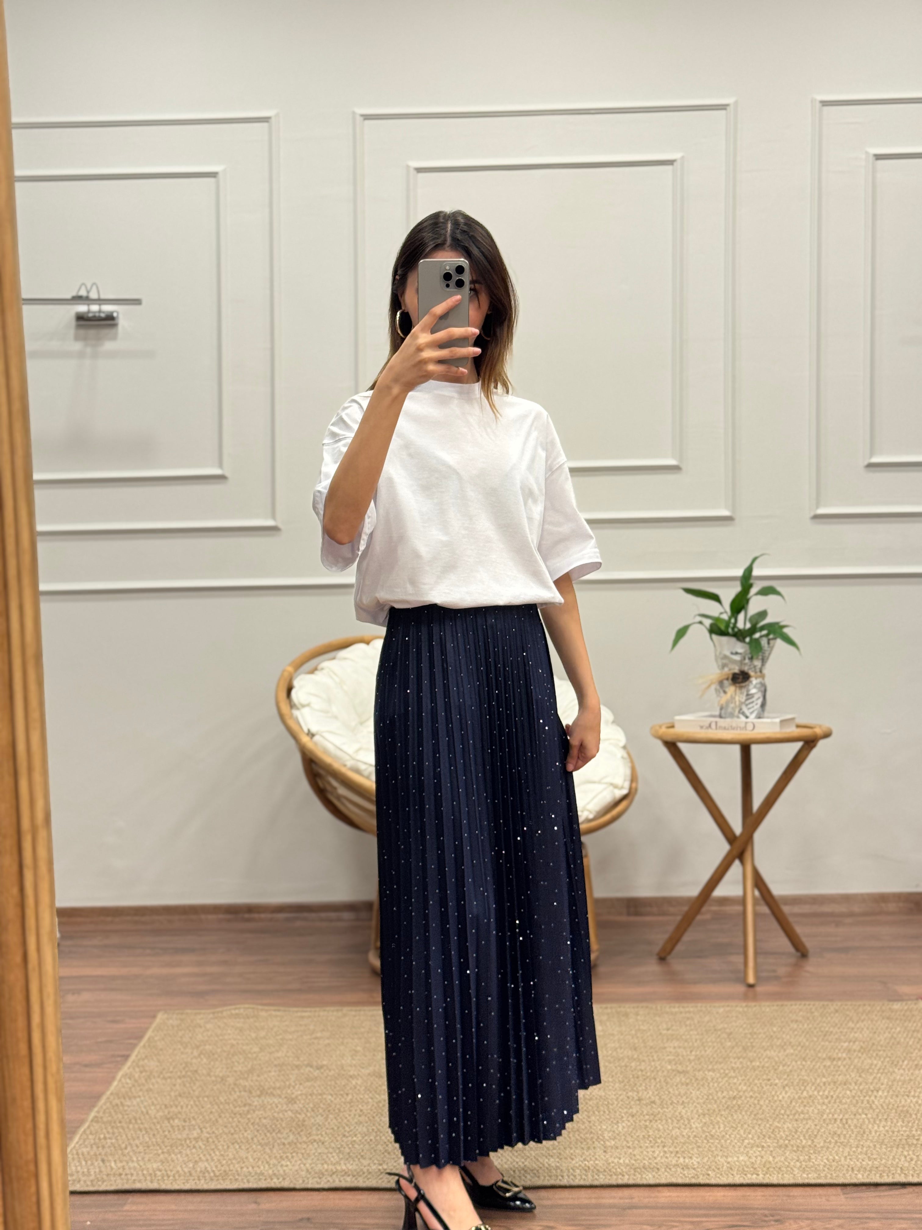 Pileli Taş Baskı Uzun Lacivert Etek