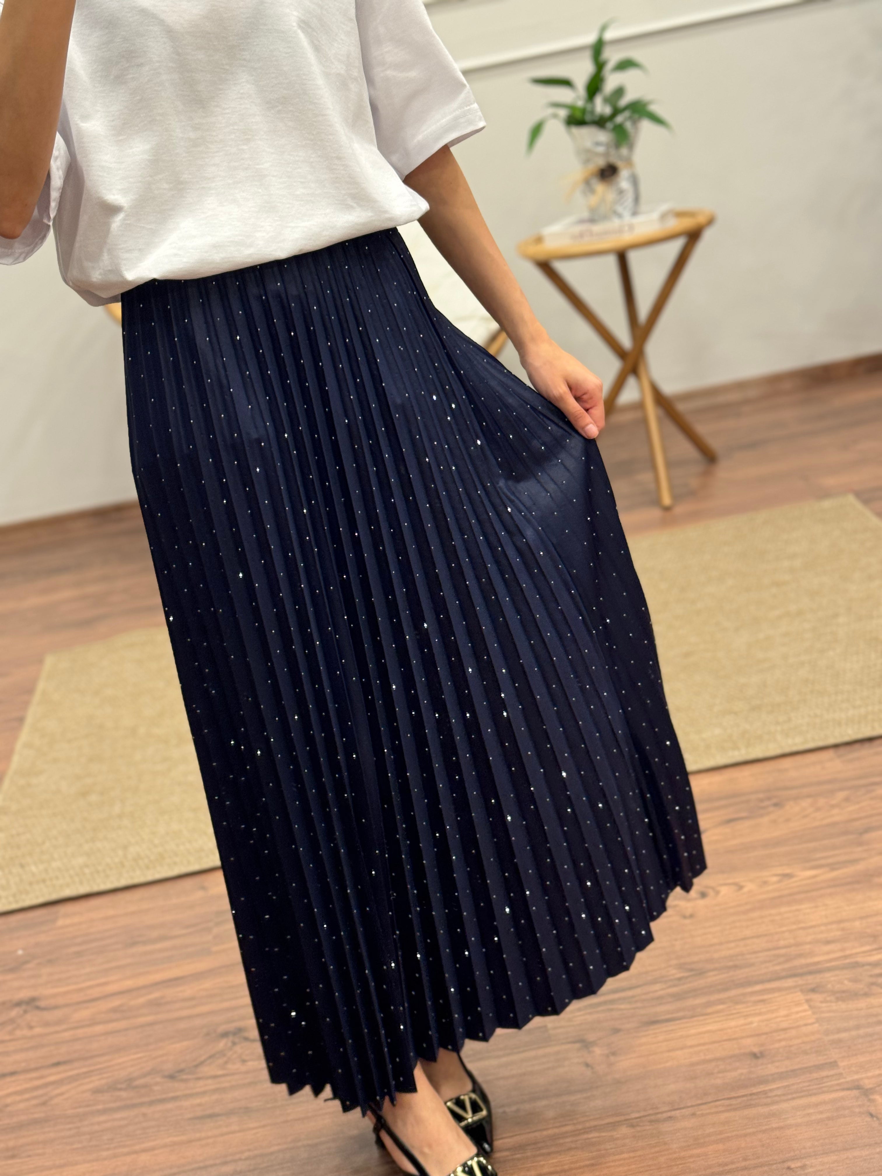 Pileli Taş Baskı Uzun Lacivert Etek