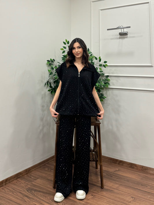 Lumi Yelek Pantolon Taşlı Siyah Takım