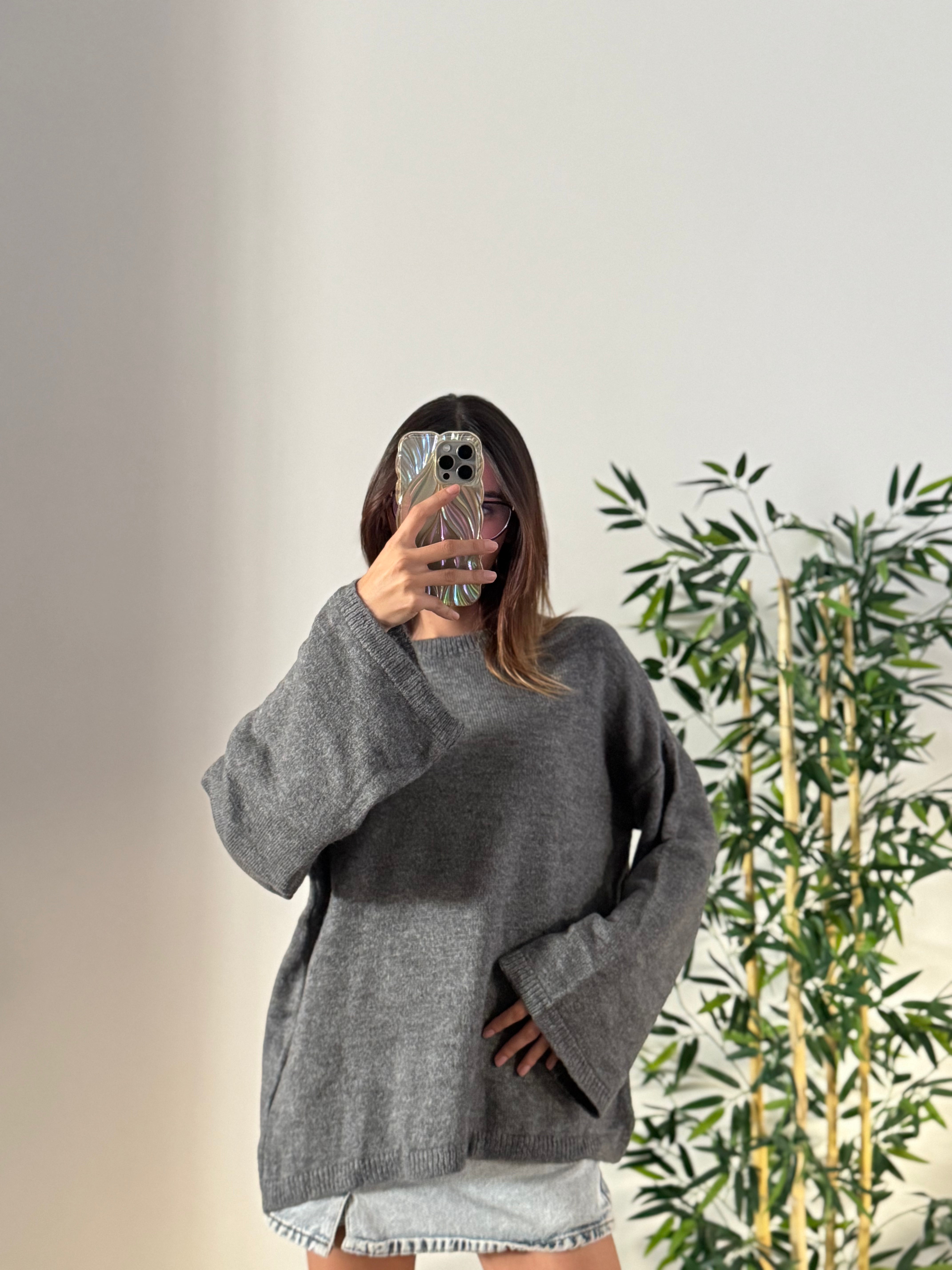 Oversize Bisiklet Yaka Pinterest Gri Kazak