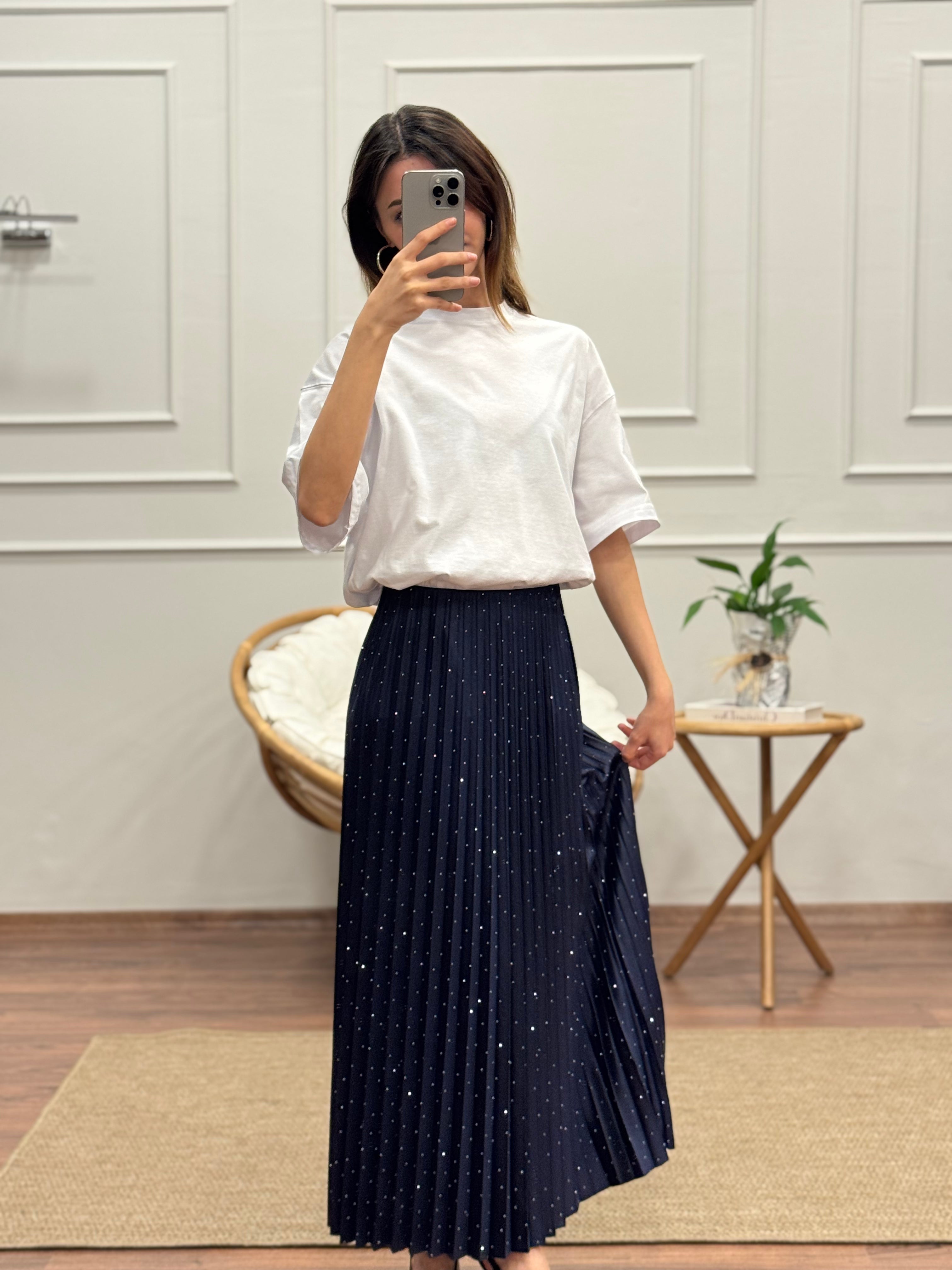 Pileli Taş Baskı Uzun Lacivert Etek