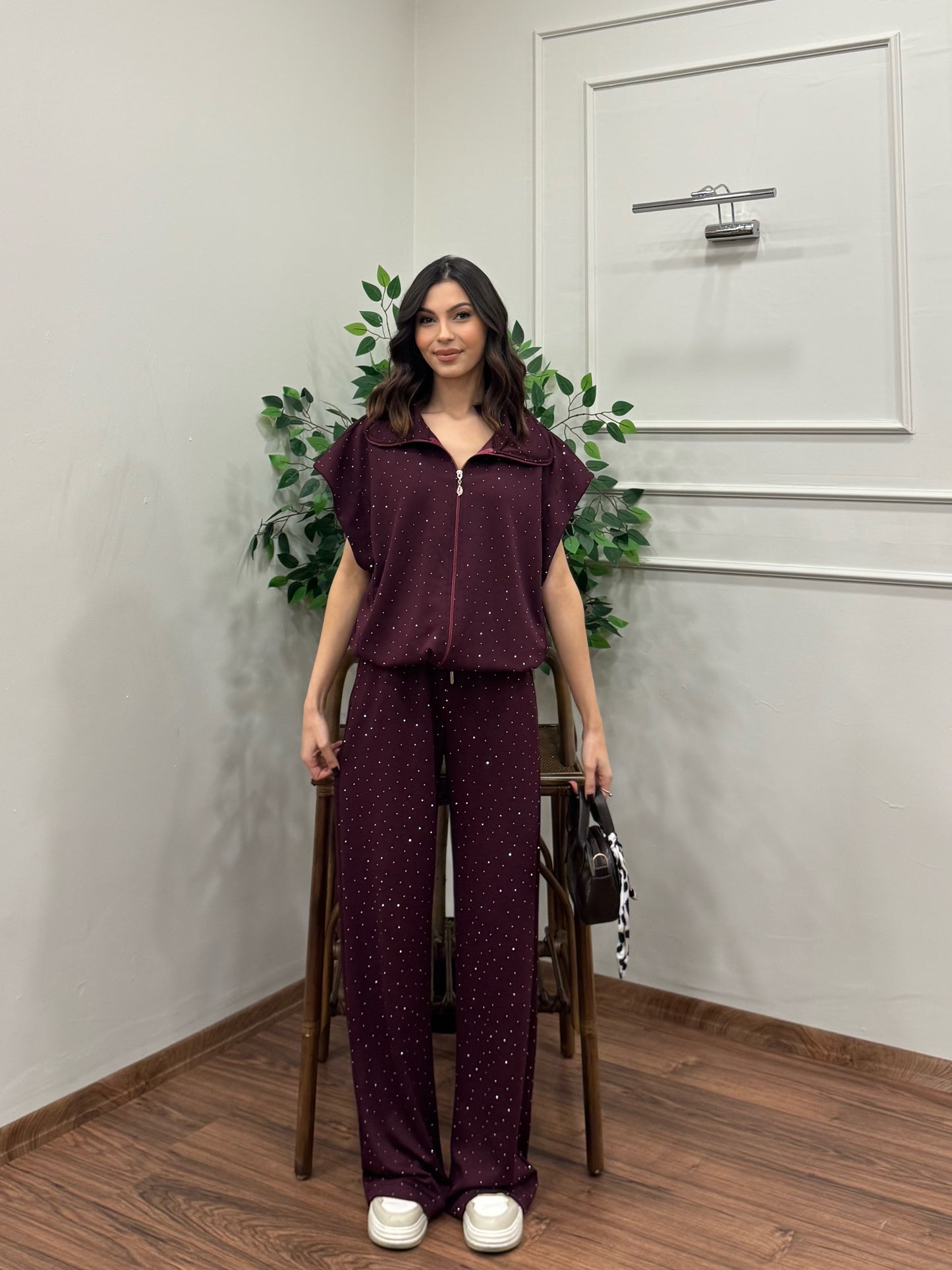 Lumi Yelek Pantolon Taşlı Bordo Takım