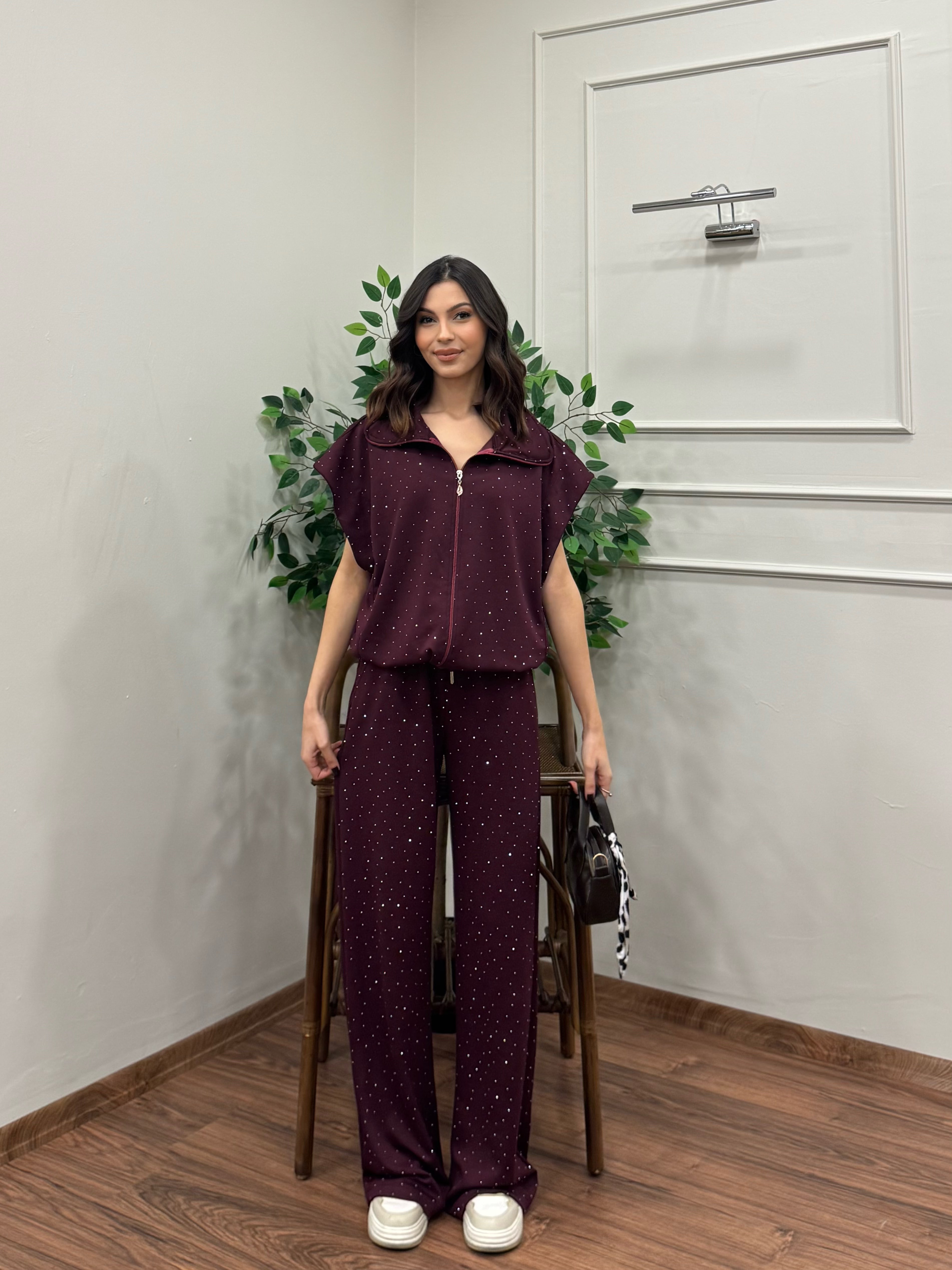 Lumi Yelek Pantolon Taşlı Bordo Takım