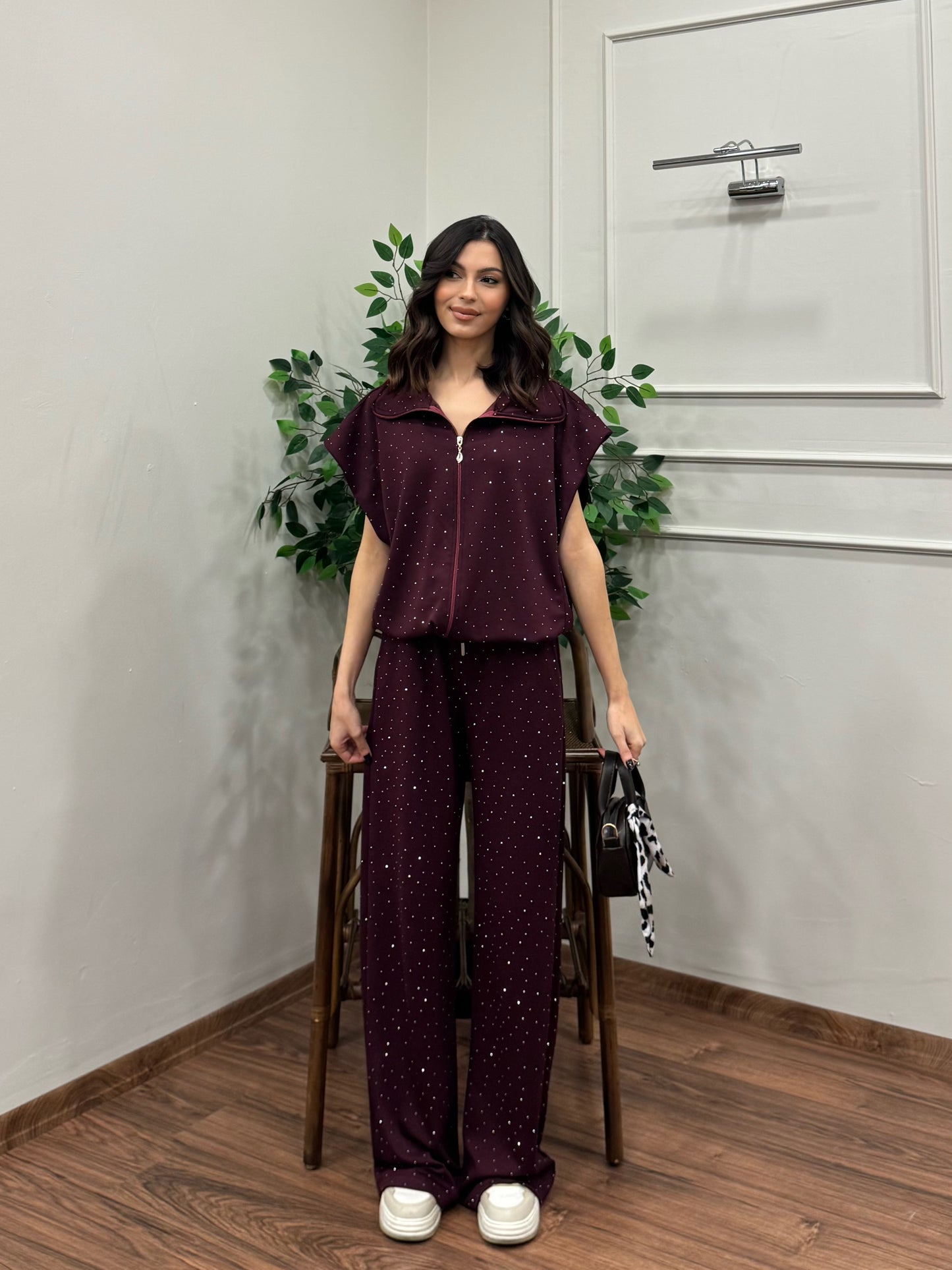Lumi Yelek Pantolon Taşlı Bordo Takım