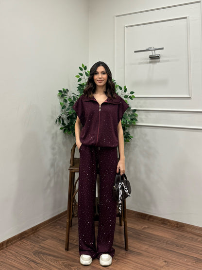 Lumi Yelek Pantolon Taşlı Bordo Takım