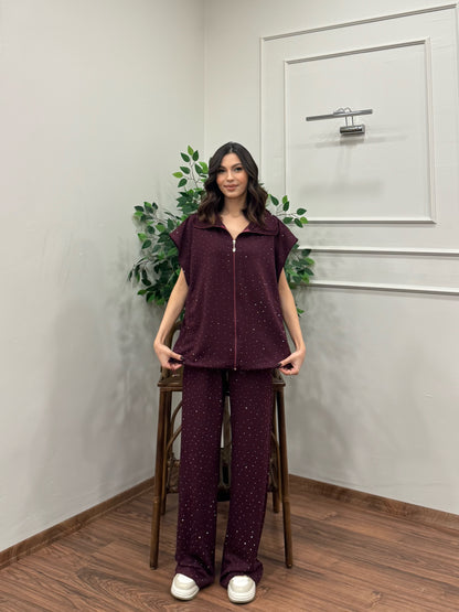 Lumi Yelek Pantolon Taşlı Bordo Takım