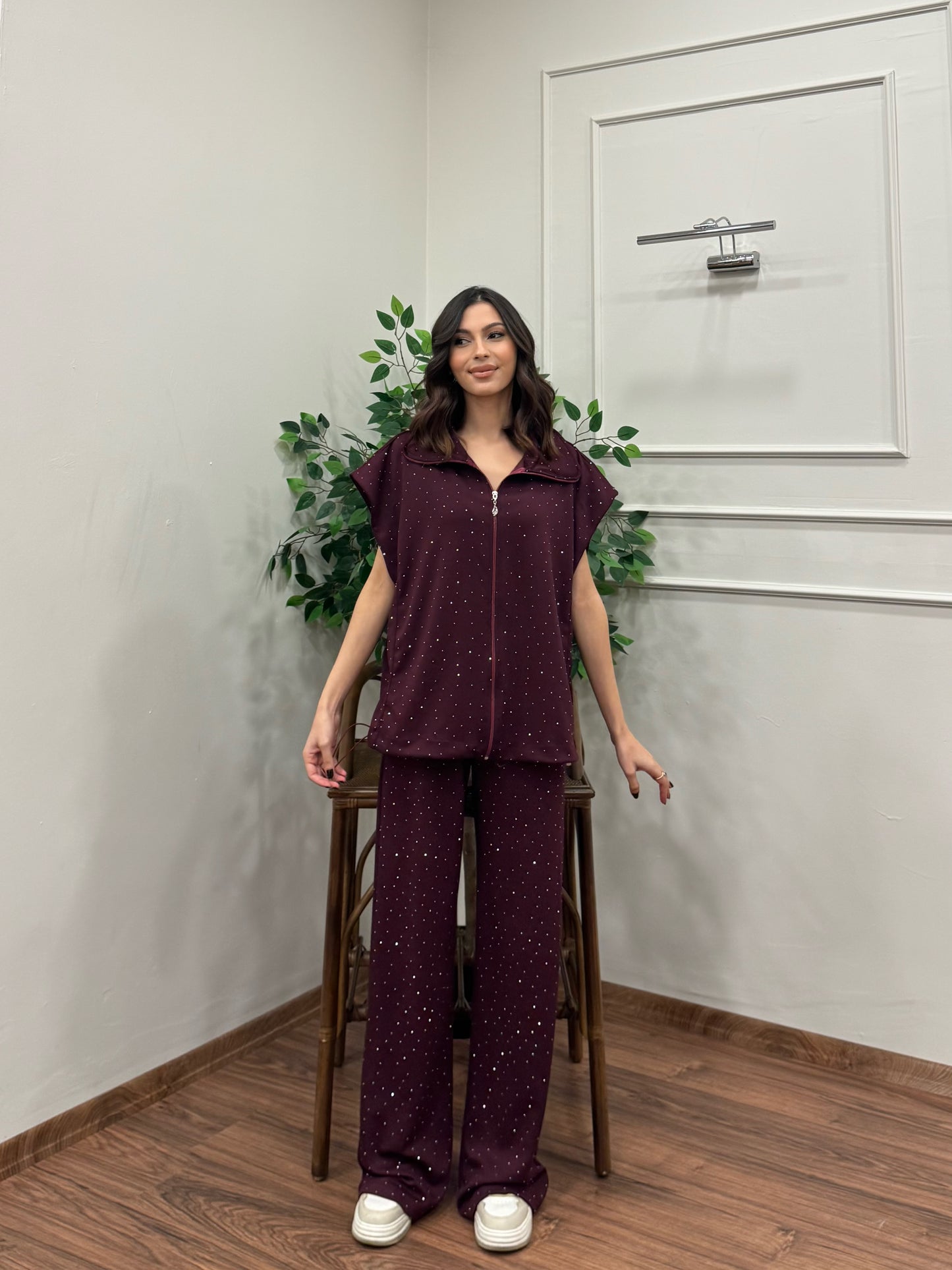 Lumi Yelek Pantolon Taşlı Bordo Takım