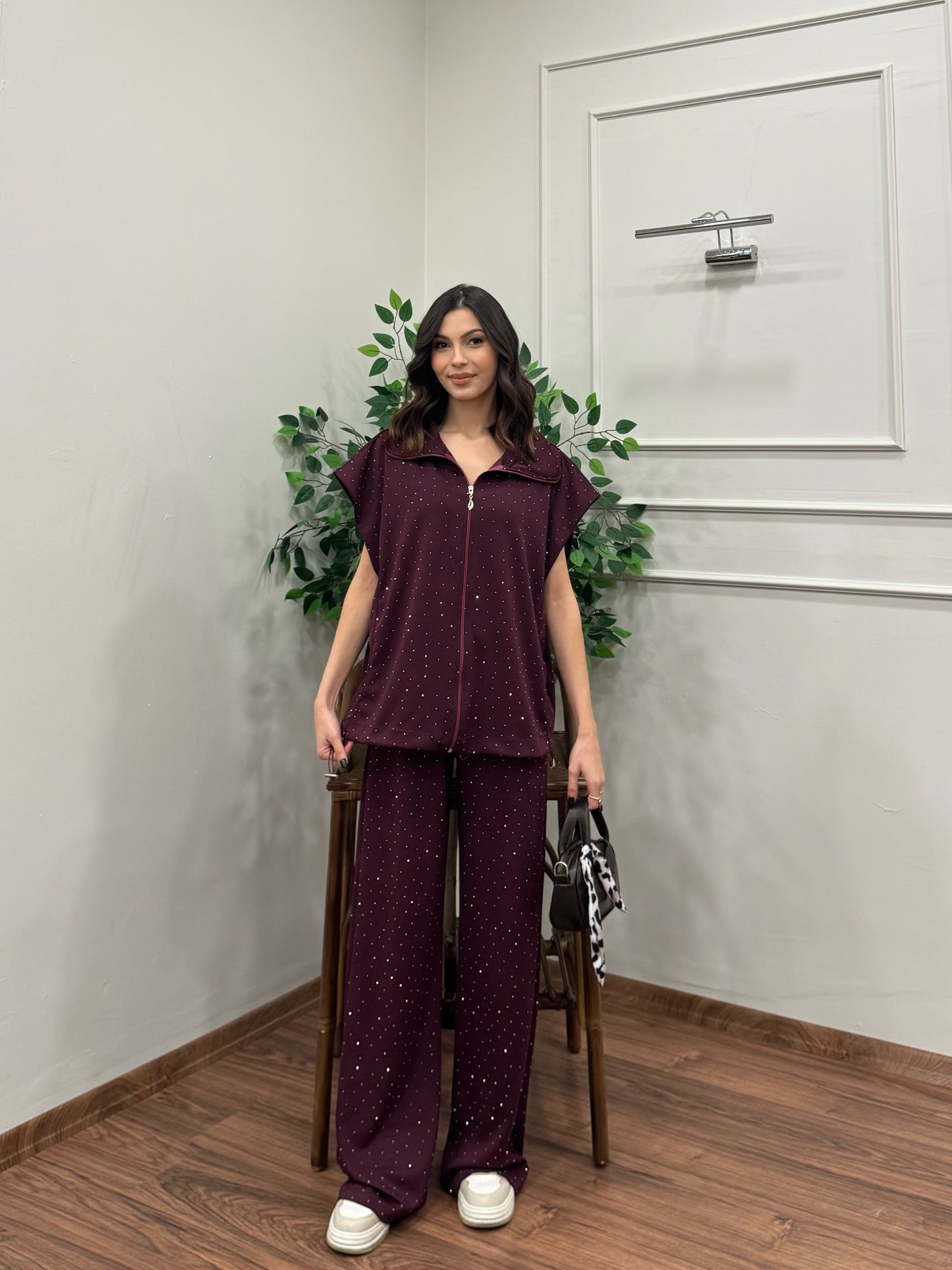 Lumi Yelek Pantolon Taşlı Bordo Takım