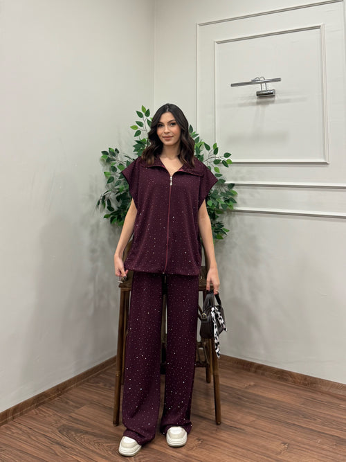 Lumi Yelek Pantolon Taşlı Bordo Takım