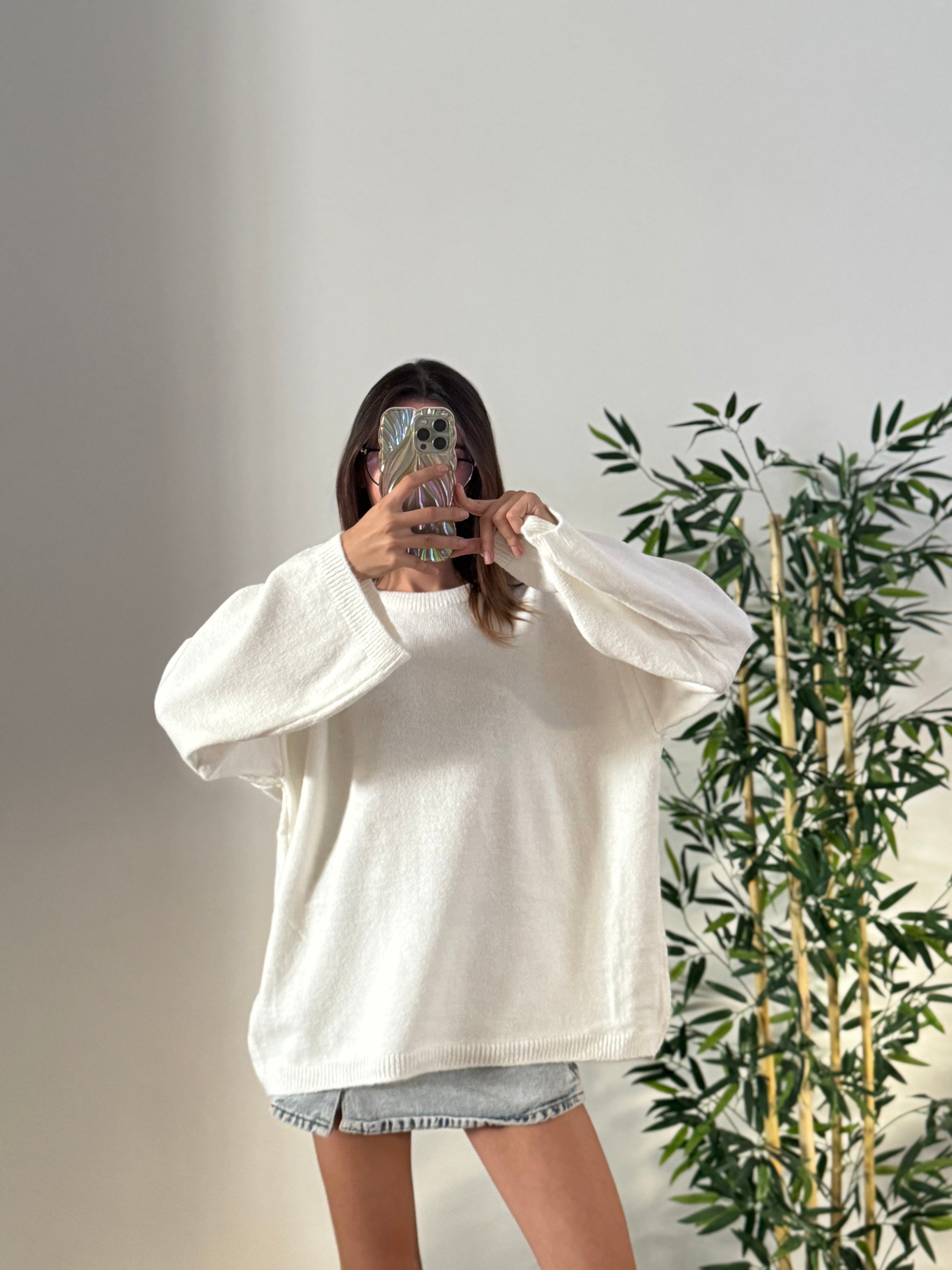 Oversize Bisiklet Yaka Pinterest Beyaz Kazak