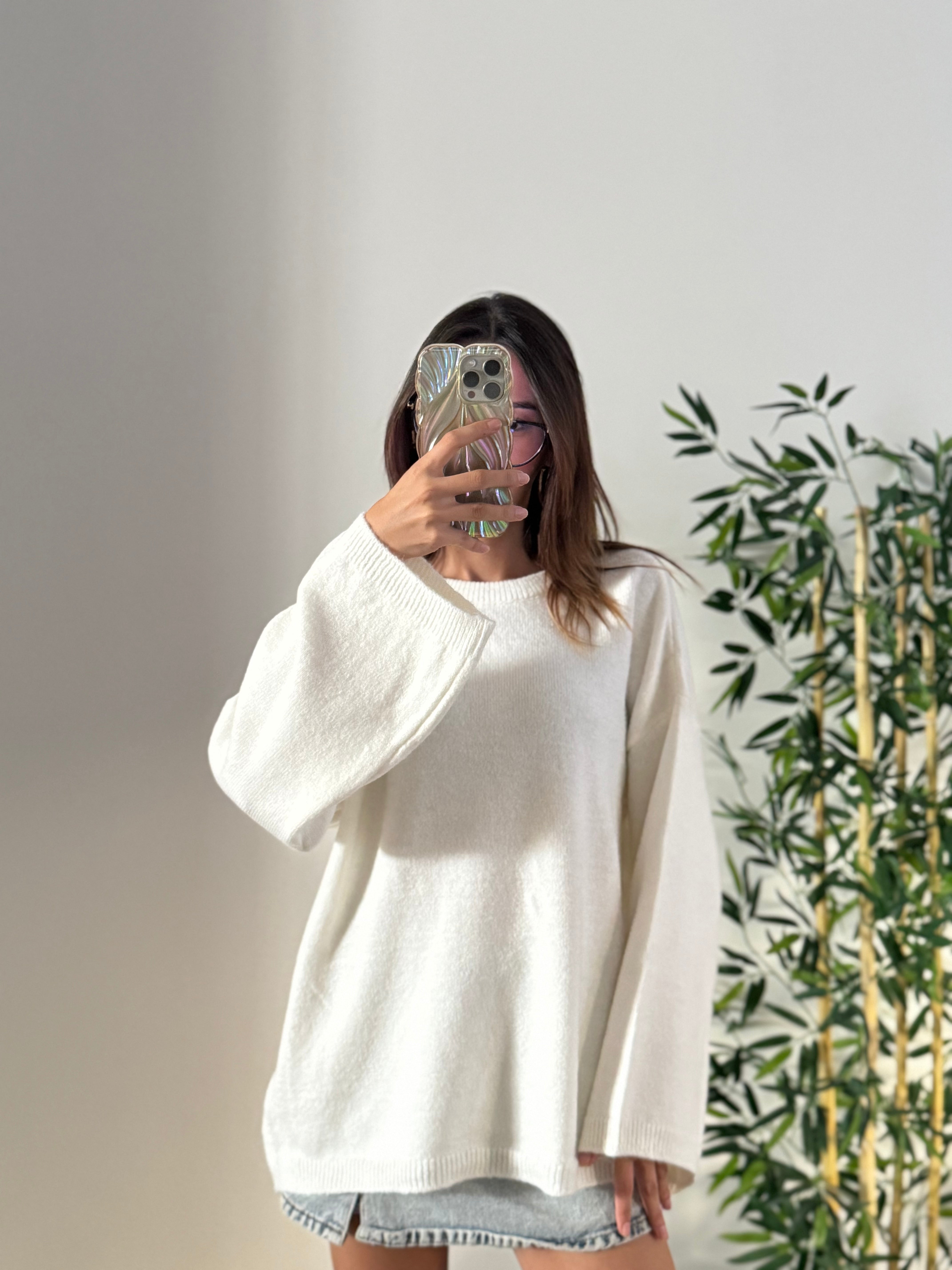 Oversize Bisiklet Yaka Pinterest Beyaz Kazak