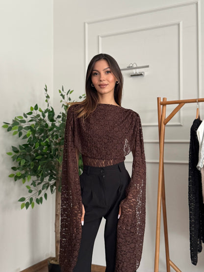 Rue Pelerinli Dantel Kahverengi Bodysuit Bluz