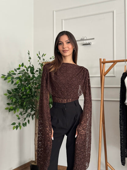 Rue Pelerinli Dantel Kahverengi Bodysuit Bluz
