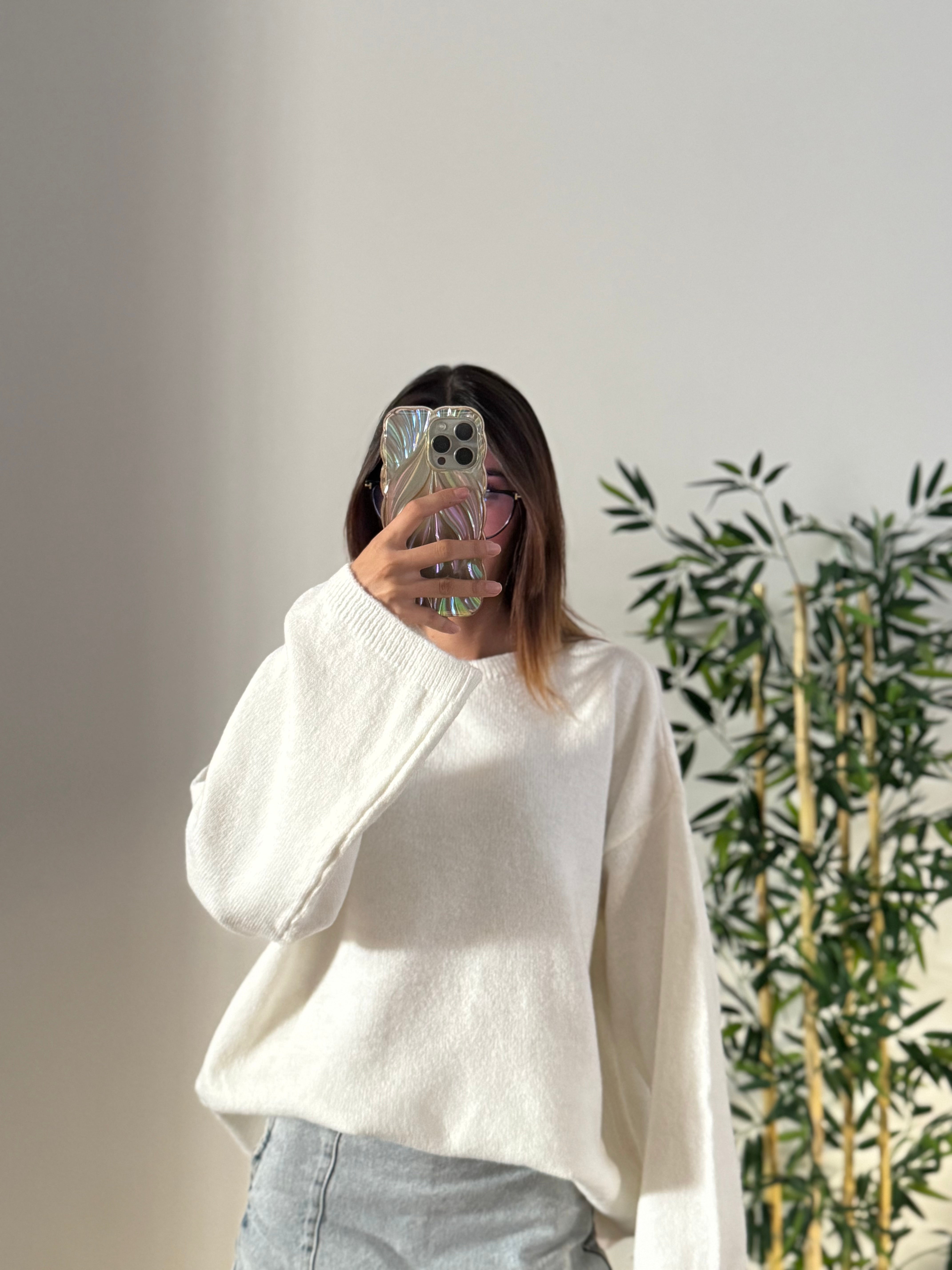 Oversize Bisiklet Yaka Pinterest Beyaz Kazak