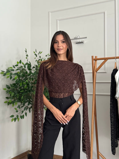 Rue Pelerinli Dantel Kahverengi Bodysuit Bluz