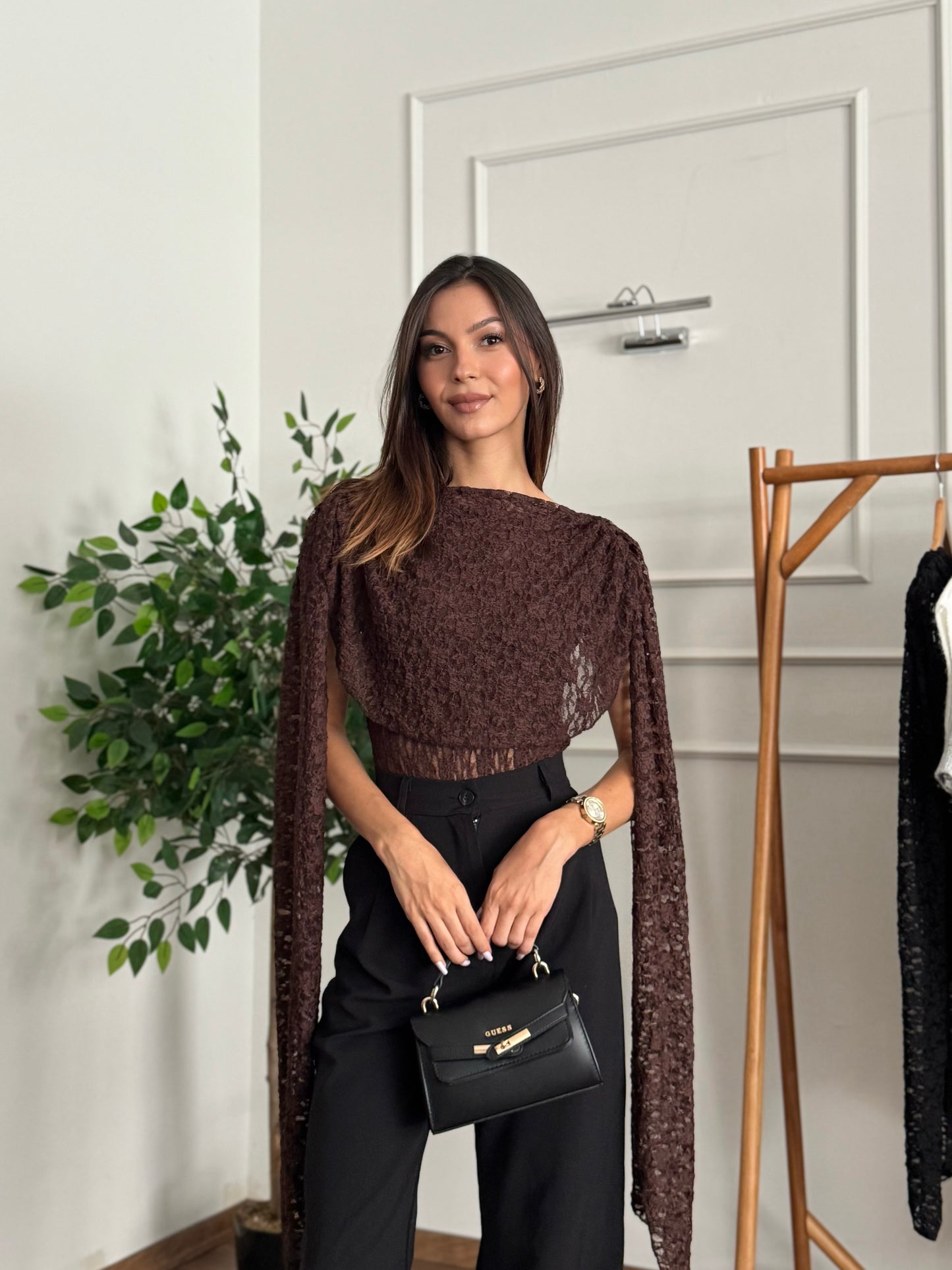 Rue Pelerinli Dantel Kahverengi Bodysuit Bluz