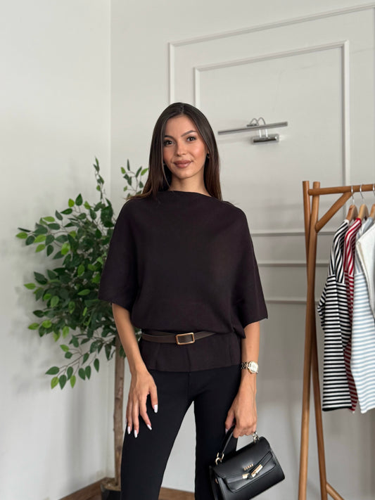 Hilda Kemerli Triko Kahverengi Bluz