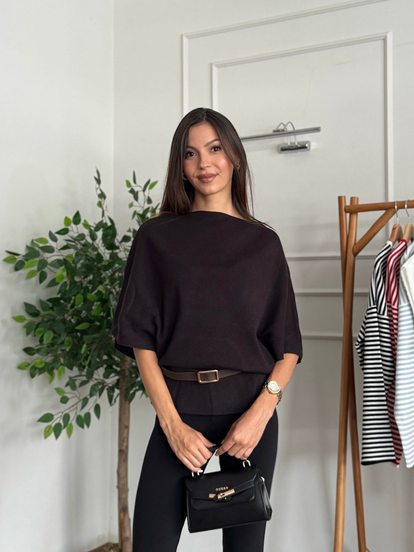 Hilda Kemerli Triko Kahverengi Bluz