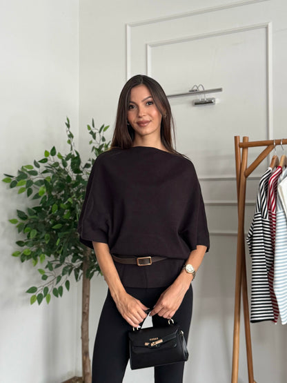 Hilda Kemerli Triko Kahverengi Bluz