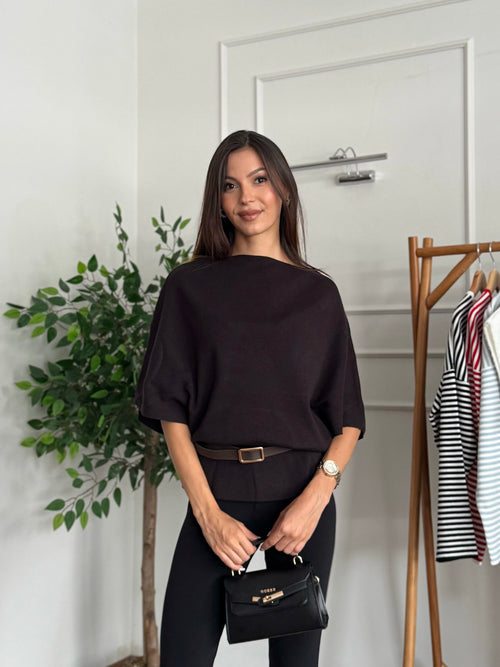 Hilda Kemerli Triko Kahverengi Bluz