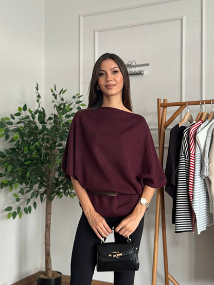 Hilda Kemerli Triko Bordo Bluz