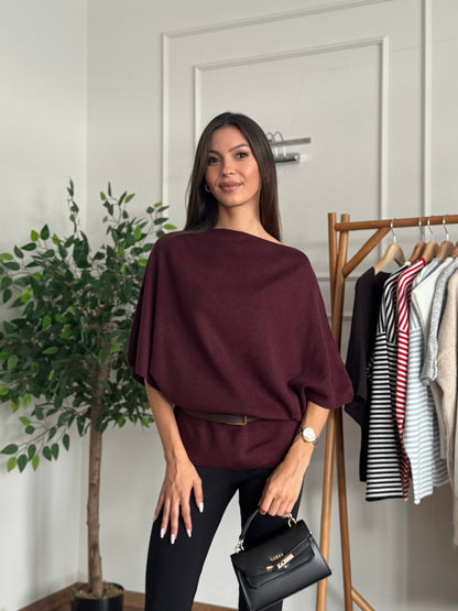 Hilda Kemerli Triko Bordo Bluz