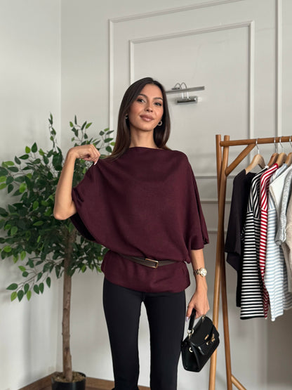 Hilda Kemerli Triko Bordo Bluz