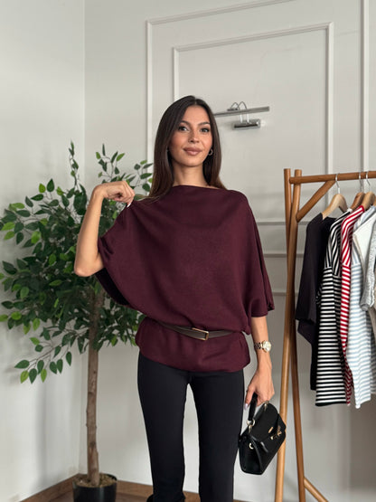 Hilda Kemerli Triko Bordo Bluz