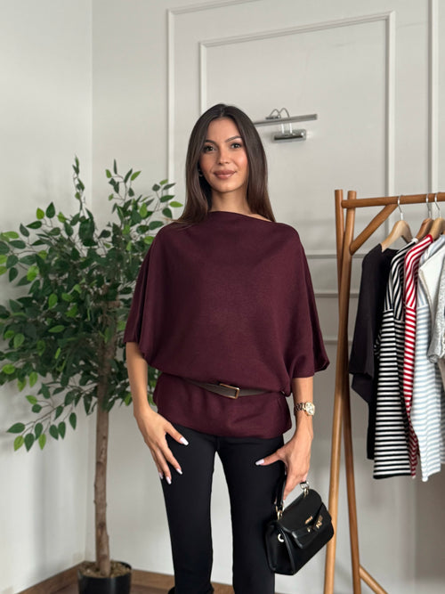 Hilda Kemerli Triko Bordo Bluz