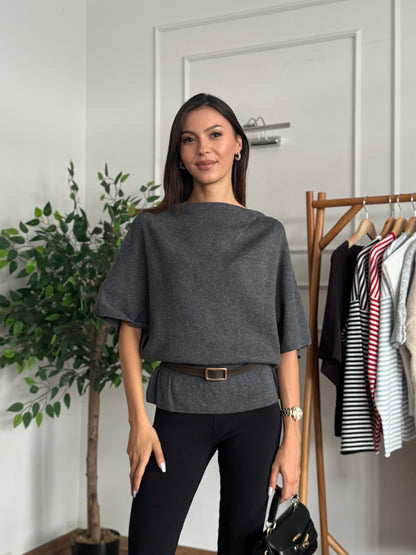 Hilda Kemerli Triko Gri Bluz