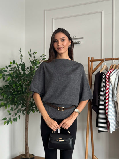 Hilda Kemerli Triko Gri Bluz
