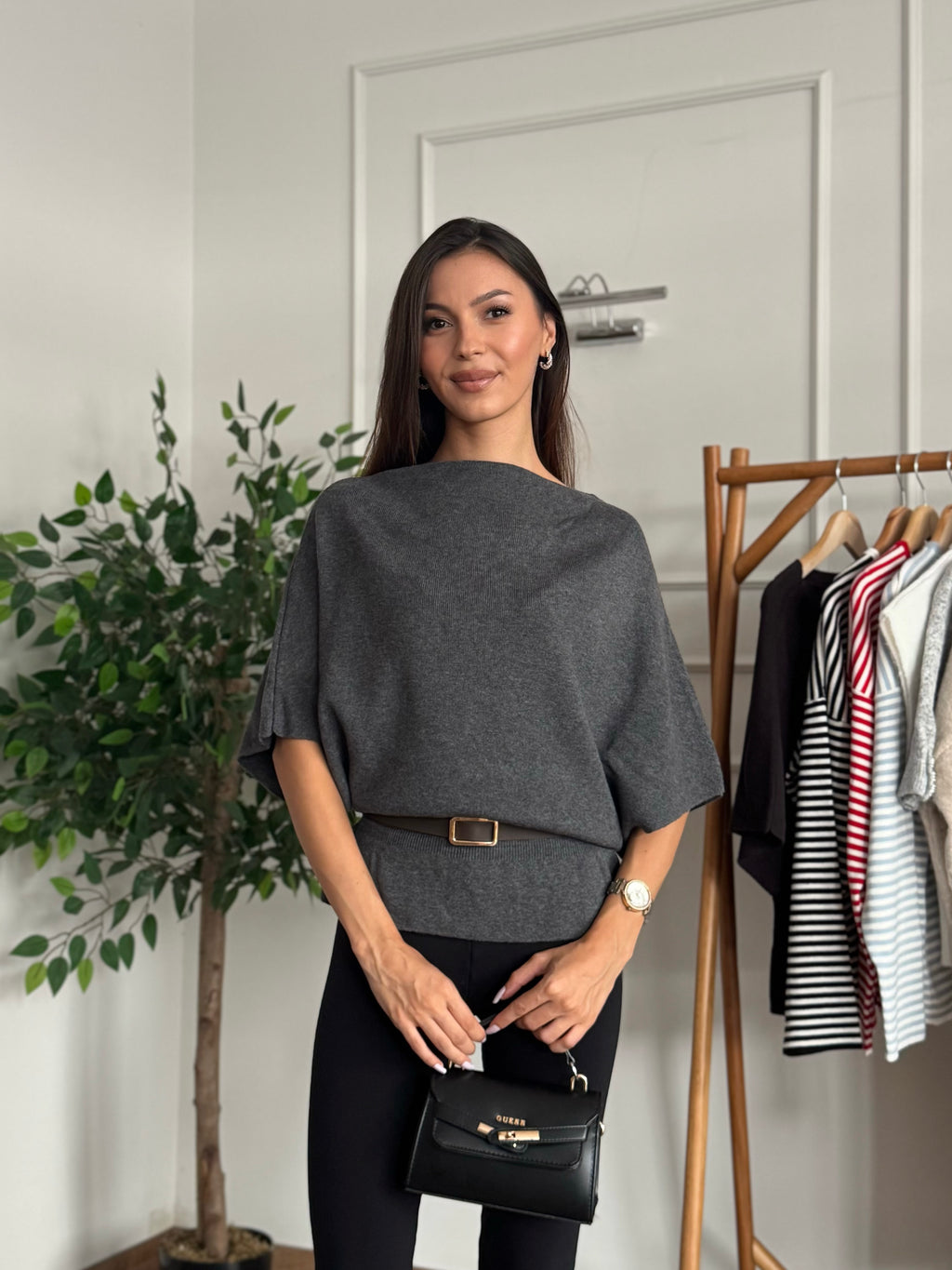 Hilda Kemerli Triko Gri Bluz