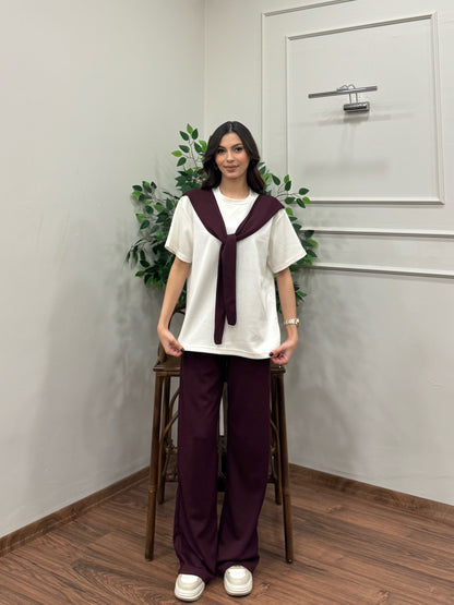 Verona Şal Bağlama Detay Mürdüm Takım